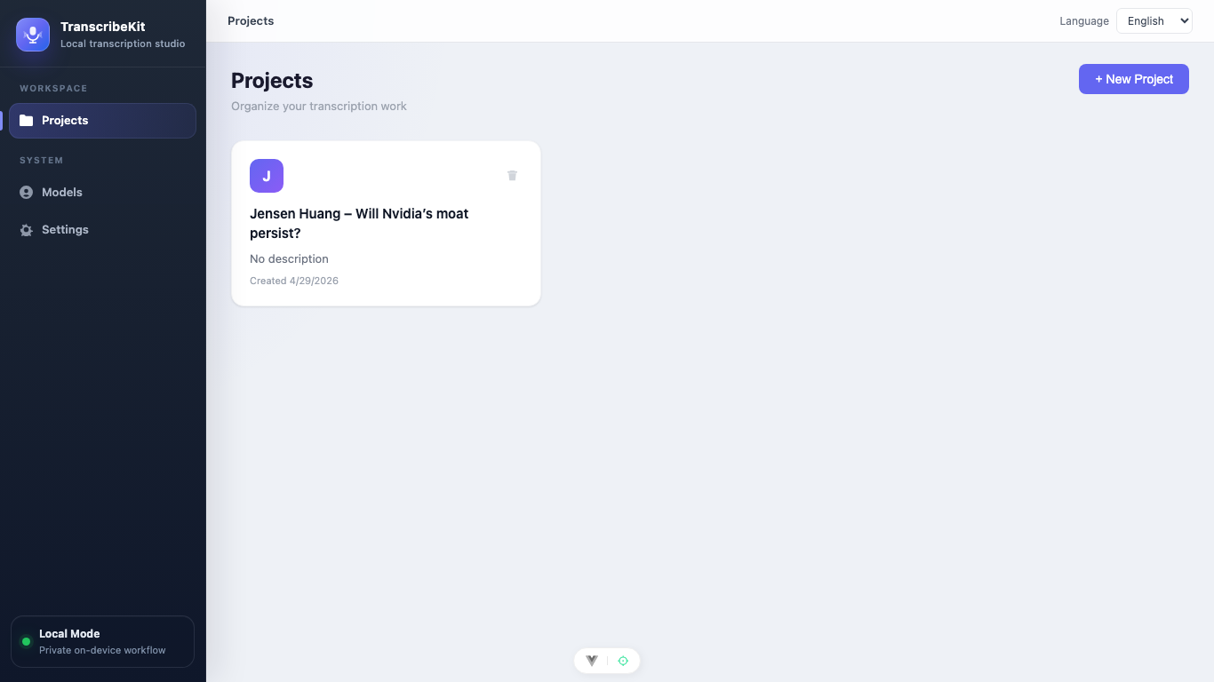 TranscribeKit projects dashboard for managing local audio and video transcription projects
