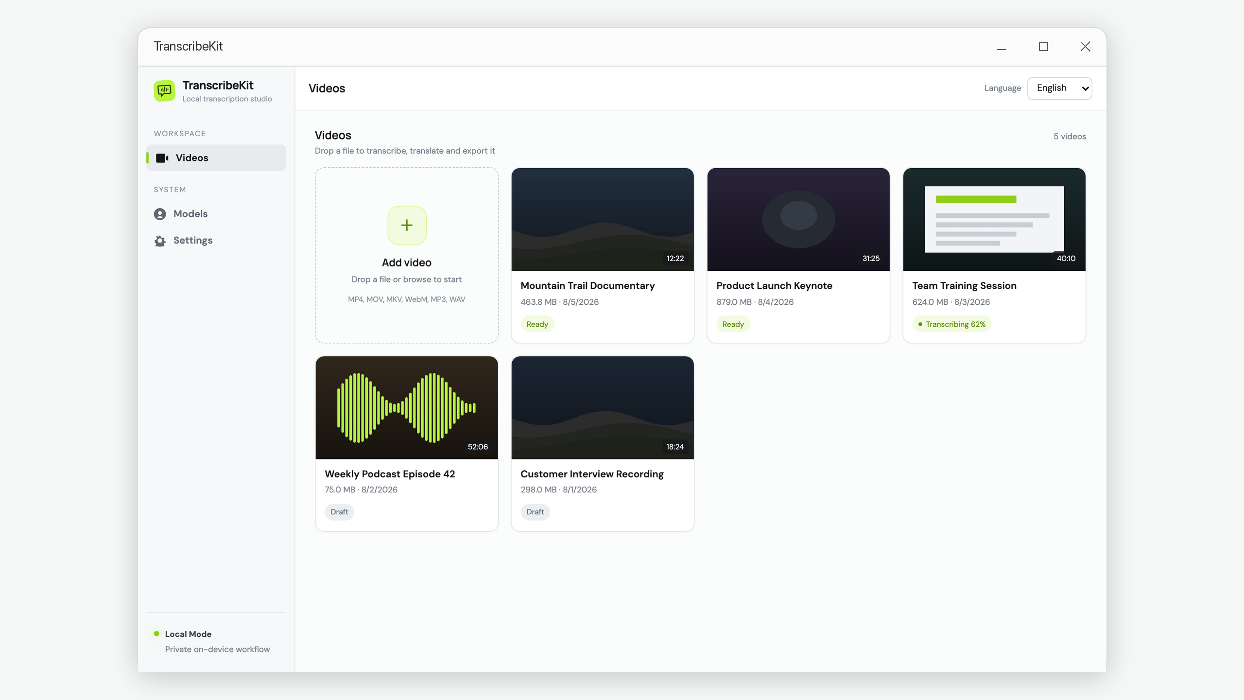 TranscribeKit video library showing transcription status for each file