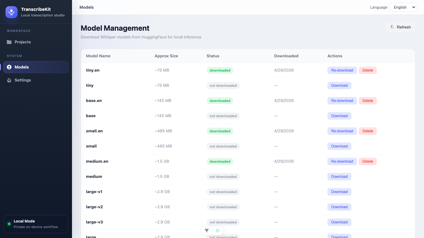 Whisper model management screen with local model downloads