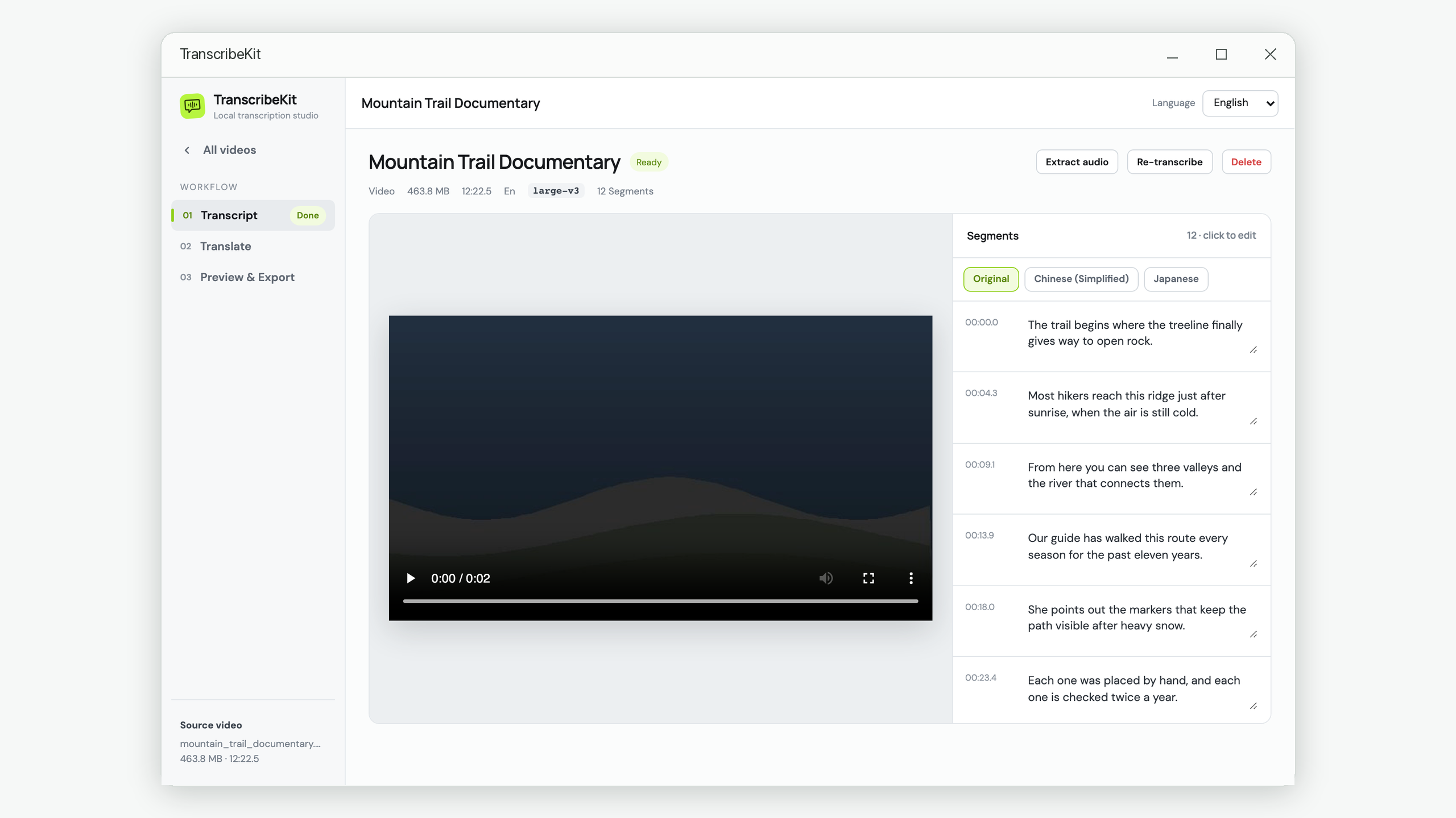Editable transcript editor with timestamped subtitle segments