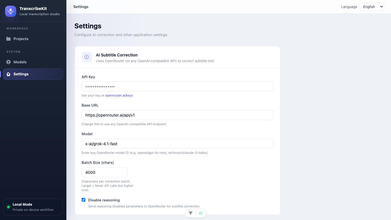TranscribeKit settings for language, OpenRouter, and transcription preferences