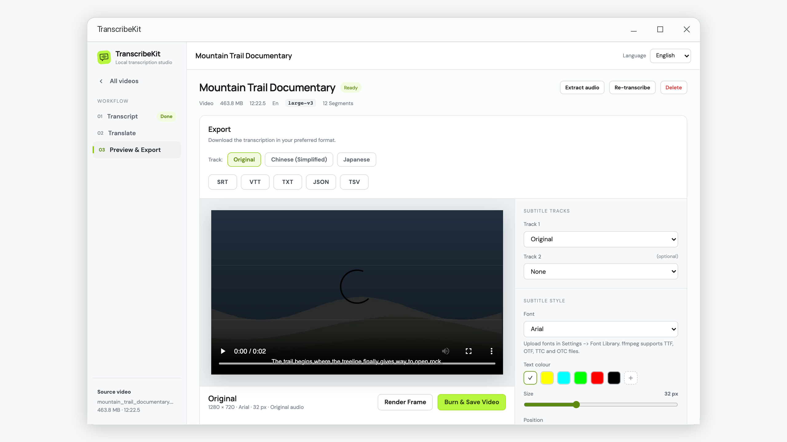 Subtitle export formats and burn-in settings with a rendered preview frame