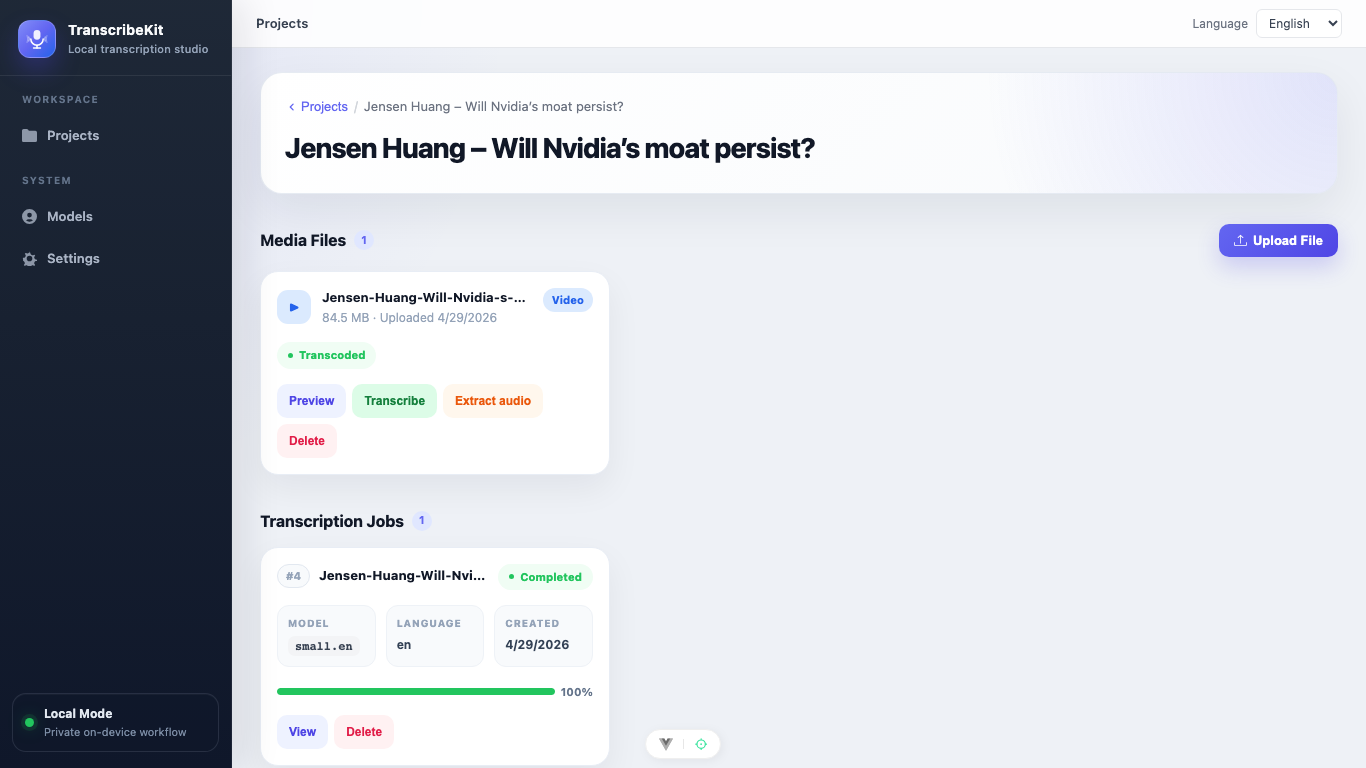 Project detail page with uploaded media files ready for transcription