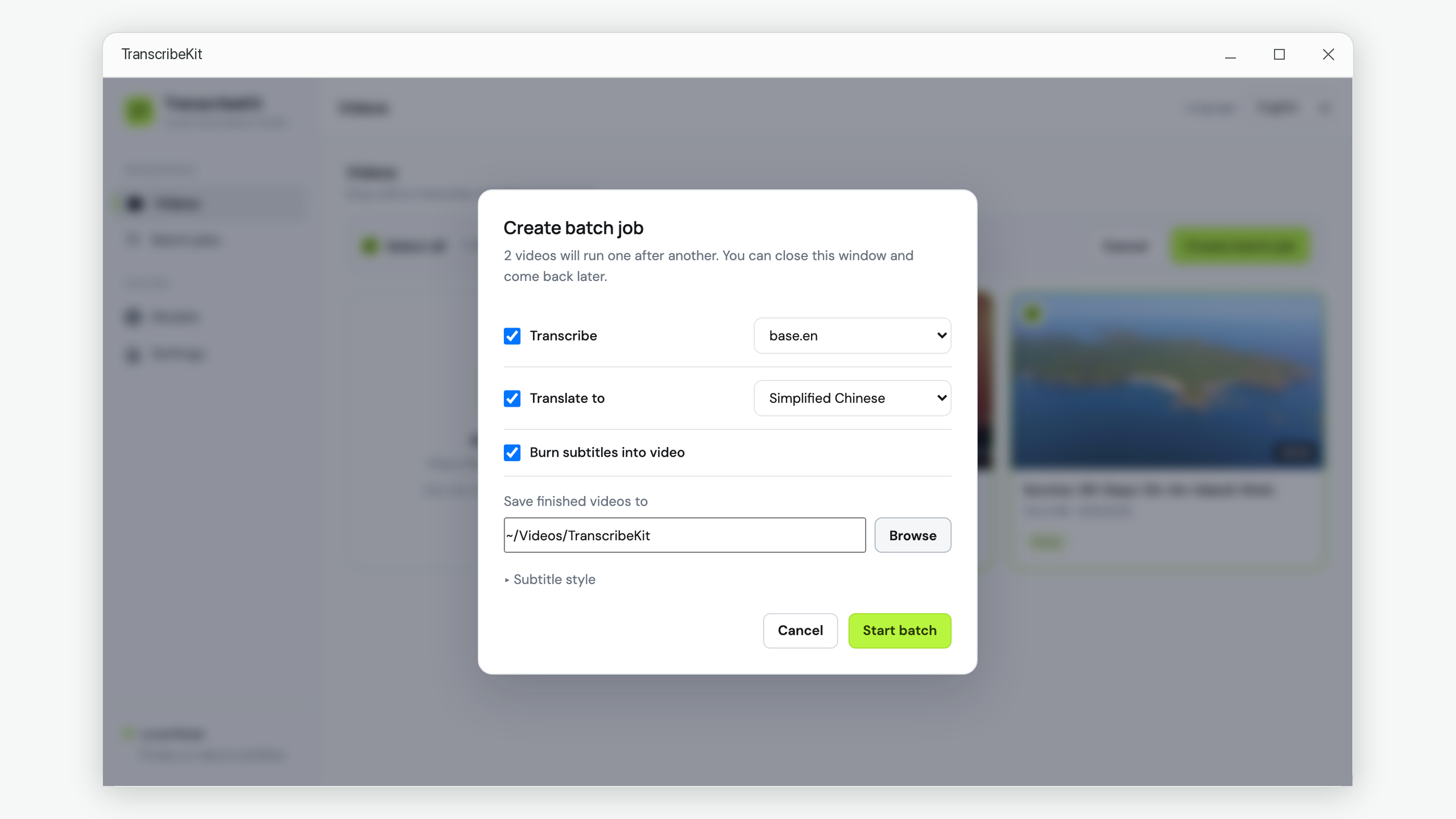 Batch job setup dialog with transcribe, translate and burn stages and an output folder