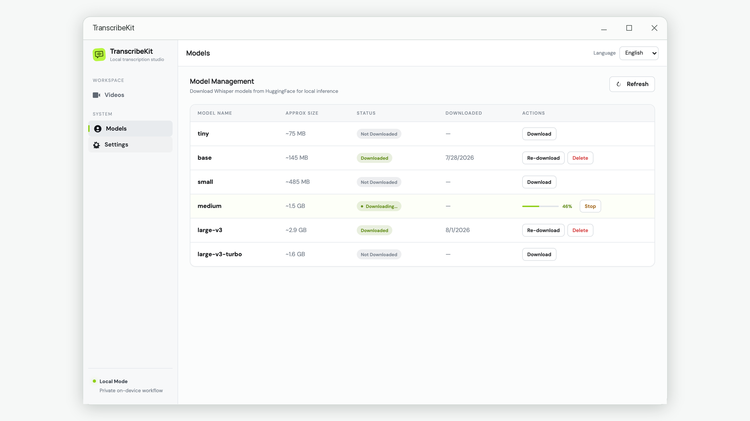 Whisper speech model management with download progress