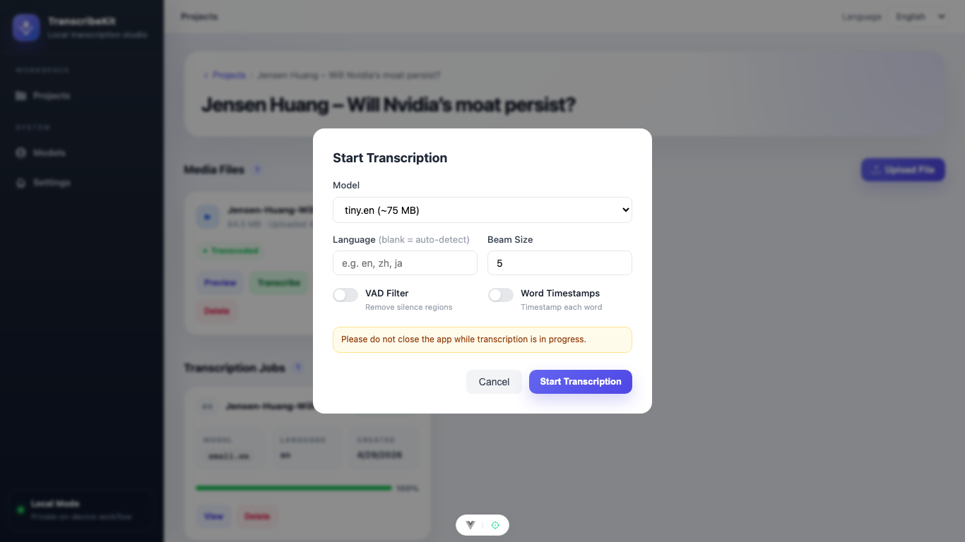 Transcription modal for choosing Whisper model and local transcription options