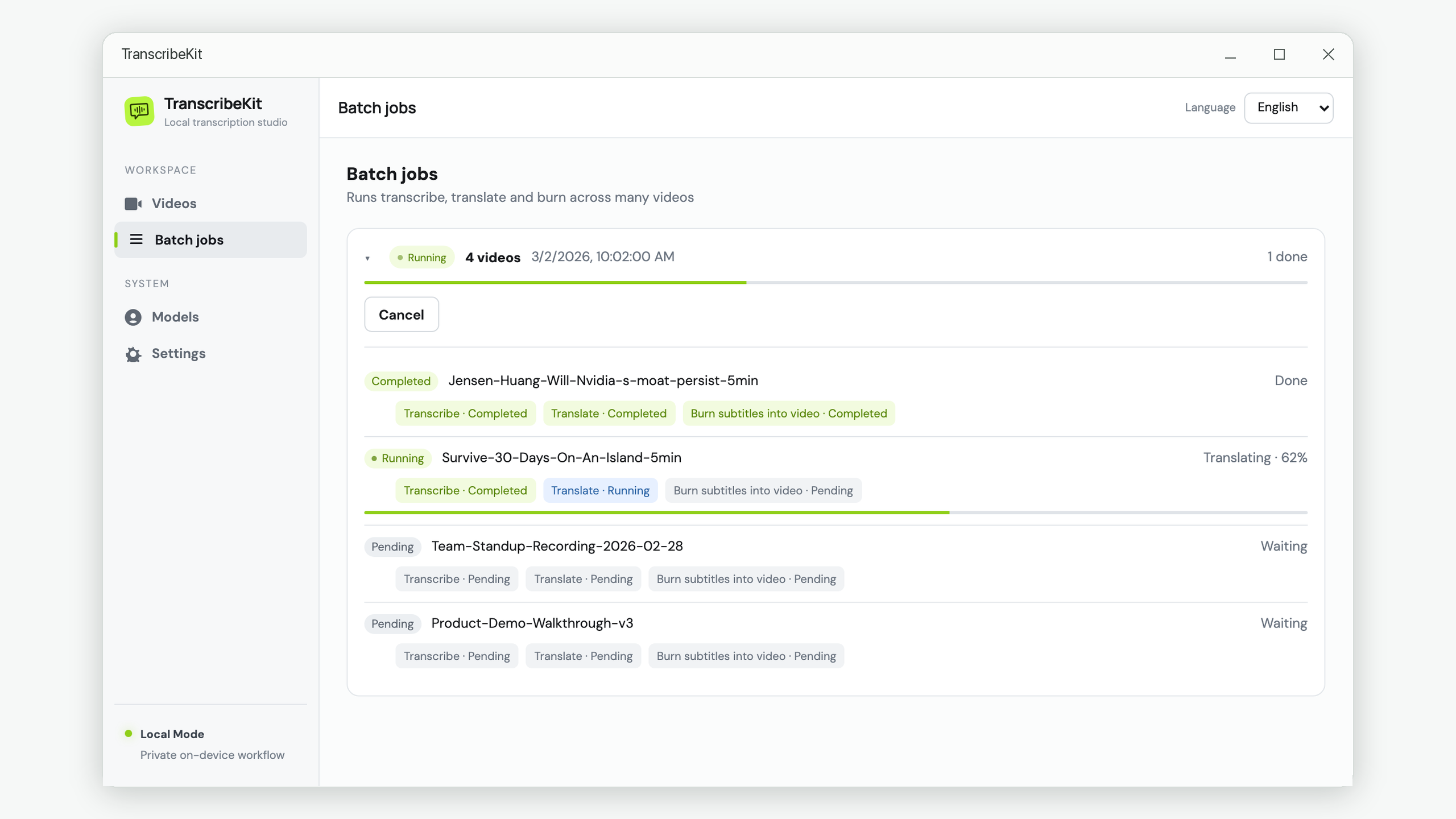 Batch progress list showing per-video stage status across a queue of videos