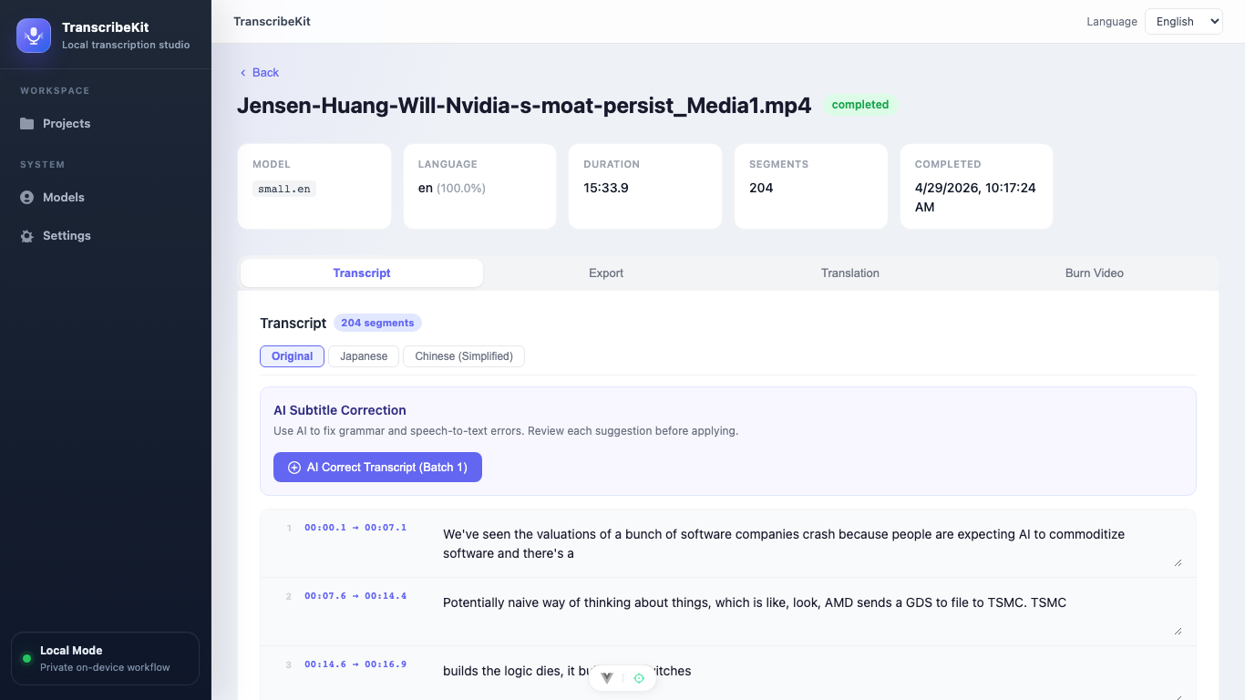 Editable transcript editor with timestamped subtitle segments