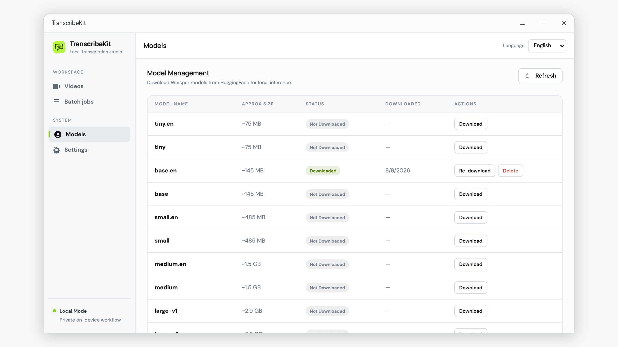 Speech model list showing available downloads and the installed base.en model