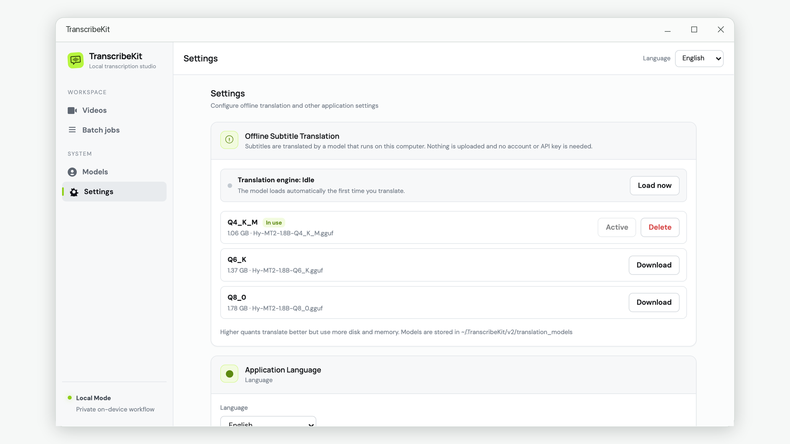 Offline translation model management and engine status in settings