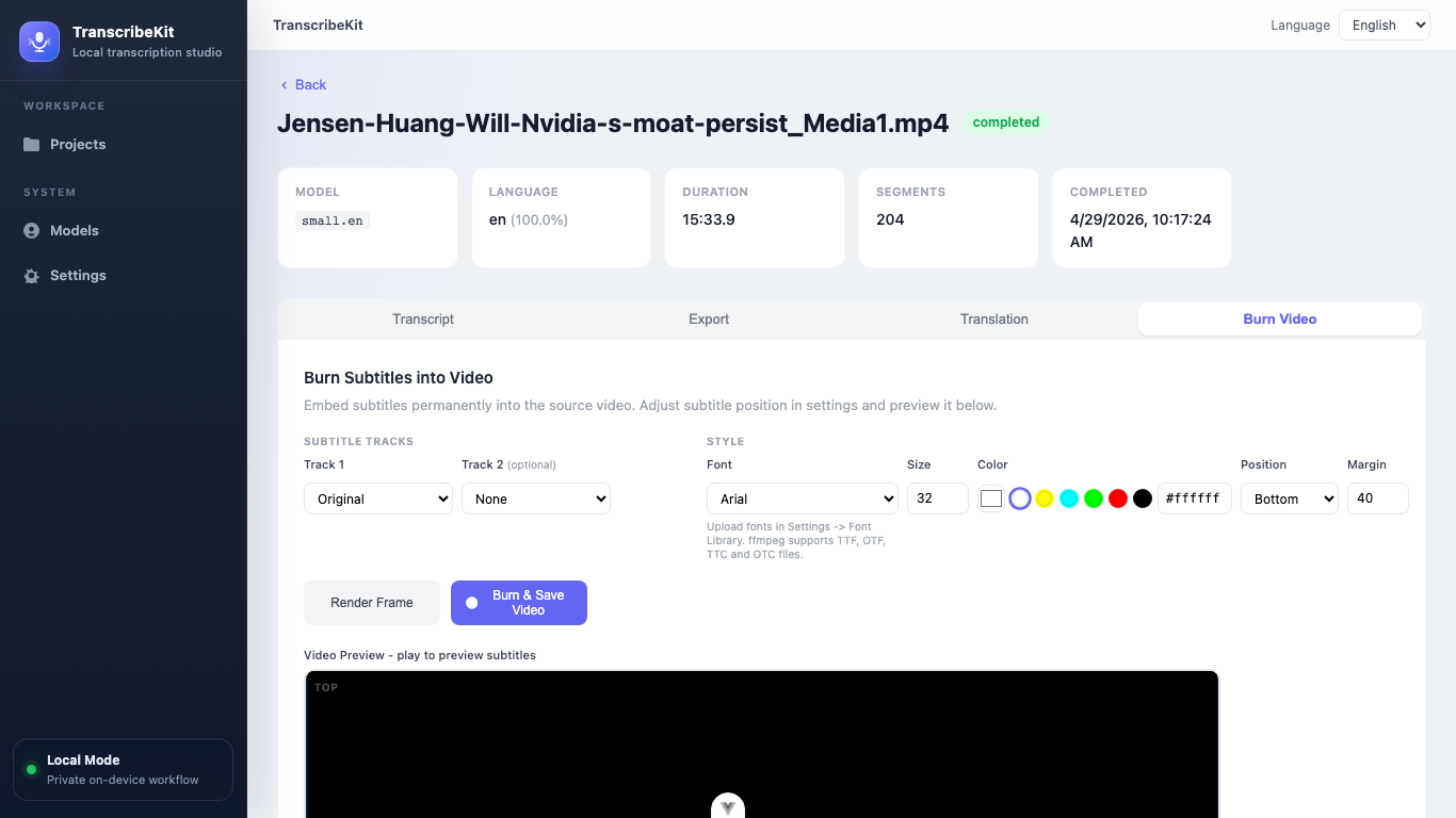 Burn subtitles into video settings with font, color, and position controls